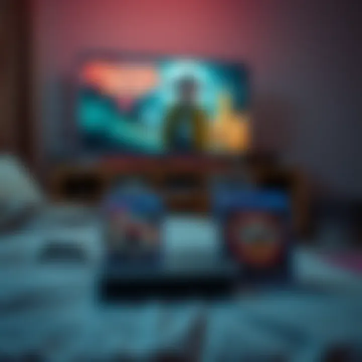 A cozy bedroom scene featuring a PlayStation 4 console with game cases for Bioshock Infinite, Fallout 4, Street Fighter V, and MSG V on a table, while a TV shows Stranger Things in the background.