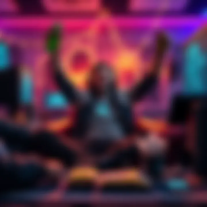 A gamer celebrating after completing all AT challenges in 20 hours, surrounded by gaming gear and snacks.