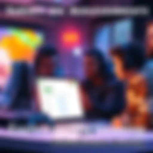 Group of gamers discussing achievement hunting and trophies, with a laptop showing a survey form in front of them