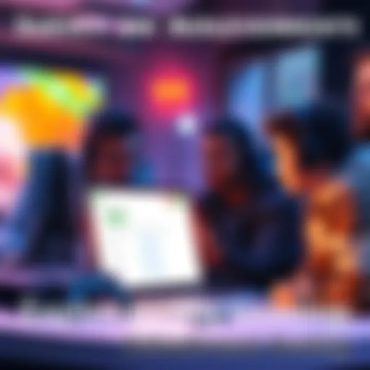 Group of gamers discussing achievement hunting and trophies, with a laptop showing a survey form in front of them