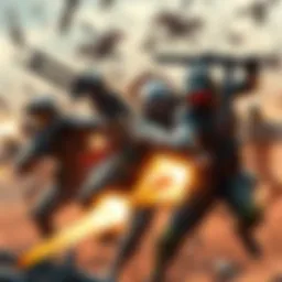 Action game characters in a battle scene A group of diverse characters from third-person action games engaged in intense combat, showcasing unique abilities and weapons.