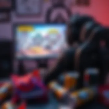 A person sitting in front of a computer screen with an Overwatch game on display, looking focused and absorbed in gameplay. Surrounding the player are empty snack wrappers and energy drink cans, highl...