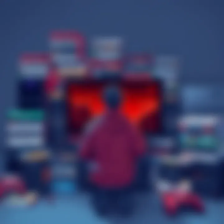 Gaming Backlog Illustration A person sitting in front of a game console surrounded by stacked video games, looking contemplative about their gaming options during tough times.