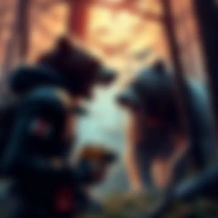 A player facing a fierce bear in a forest during a gaming mission, highlighting intense emotions.