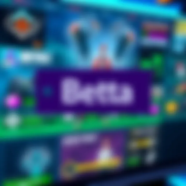A gaming screen showing a 'Beta' tag overlayed on a colorful game interface filled with various modes and cosmetic options