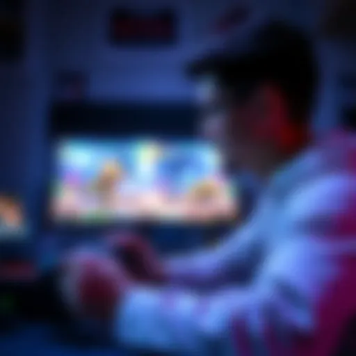 Gaming Challenge A gamer focused on playing a challenging video game, surrounded by controllers and a screen displaying a tough boss fight, symbolizing skill and persistence in gaming difficulty.