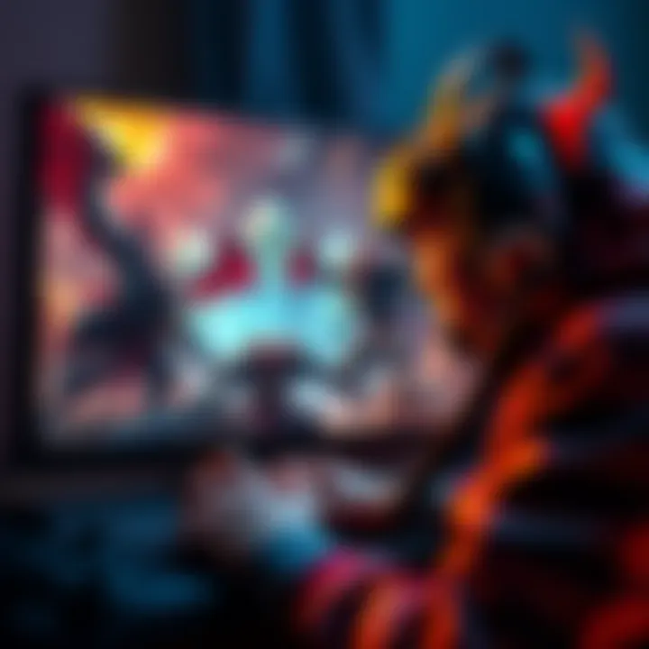 Gaming challenge with hard demons A gamer intensely focused on overcoming a difficult level featuring hard demon characters on screen