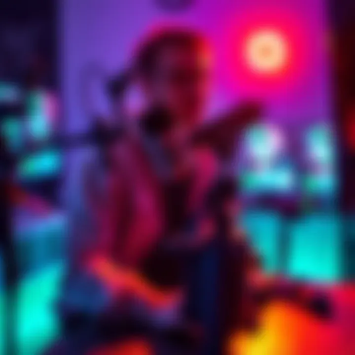 A person setting up a gaming channel with a microphone, camera, and gaming console