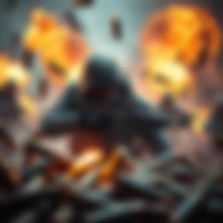 A gaming scene showing a character in action, surrounded by spent ammo casings and explosive effects, capturing the thrill of a chaotic confrontation.