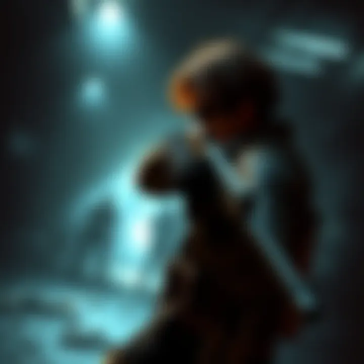 A gaming character with a weapon, facing a zombie in a dark environment, showcasing the transition from fixed camera view to a more dynamic perspective in action games.