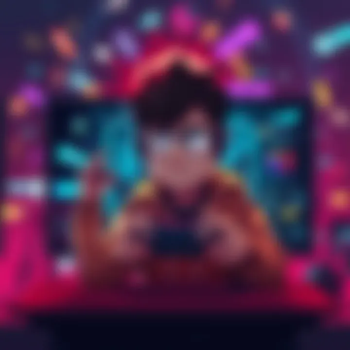 Gaming character showing anxiety A gaming character, looking stressed, sits in front of a screen with a controller in hand, surrounded by chaotic game graphics representing anxiety in gaming.