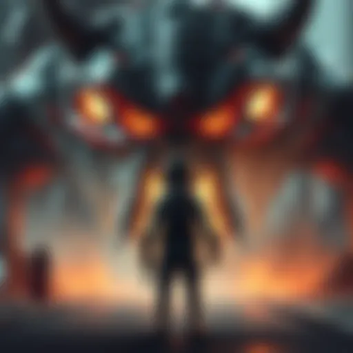 Gaming character facing a tough boss A gamer character stands ready to face a large, intimidating boss with glowing eyes in a sci-fi setting