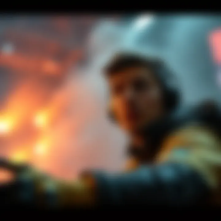 A gaming character in a cutscene, looking surprised as danger approaches during a cinematic moment.