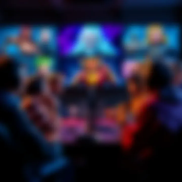 Gaming character discussion A group of diverse gamers engaged in a heated debate about character removals in a game, with images of characters like Mauga displayed on a screen in the background.