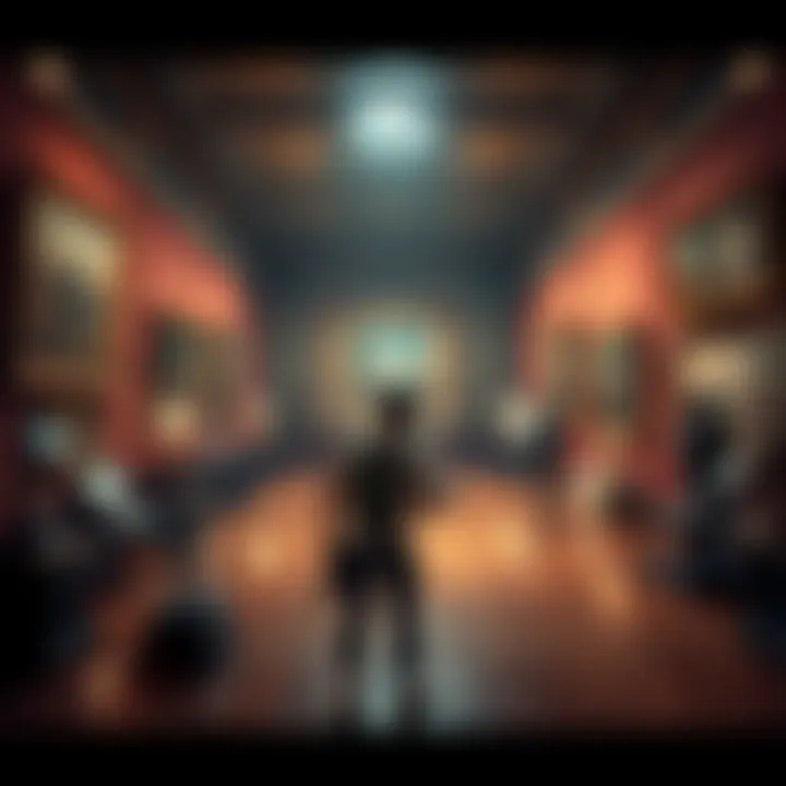 A gaming character exploring a museum filled with artifacts and paintings