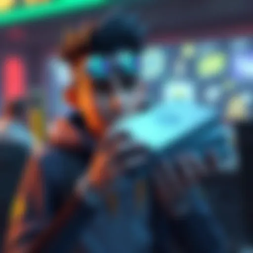 Video game character with Platinum currency A video game character holding a large stack of Platinum currency, looking thoughtful about spending options, in an animated gaming world.