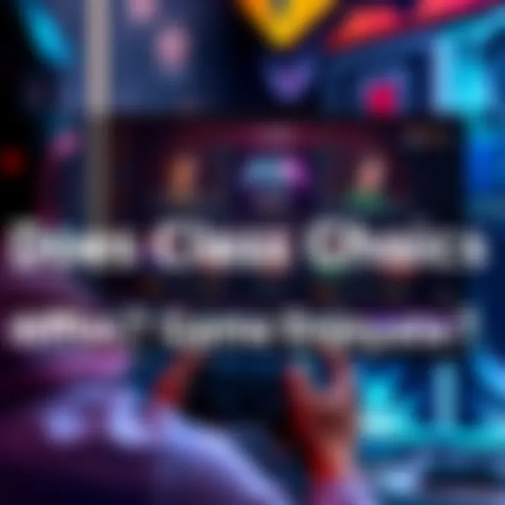 A gamer is choosing a character class on a screen, showcasing different options and their stats in a colorful interface.