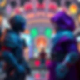 Gaming Characters in Action Two gaming characters, one in armor for PvP and another in a magical robe for PvE, facing each other in a vibrant game lobby. The background shows various game elements, emphasizing play styles.