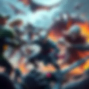 Gaming Characters in Action A group of fantasy game characters battling monsters in an immersive game world, showcasing intense gameplay and teamwork.