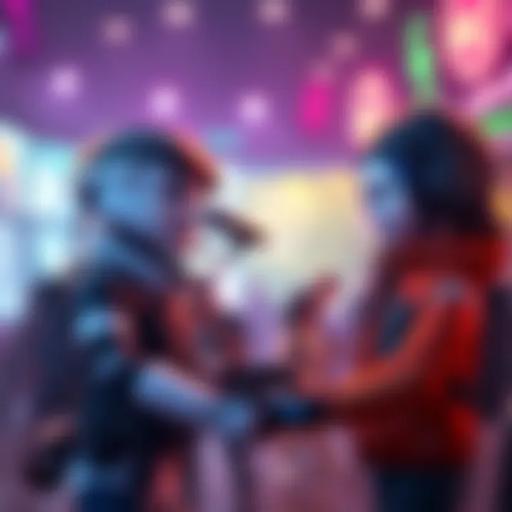 Gaming Characters Greeting Each Other Two gaming characters exchange friendly greetings in a colorful game setting.