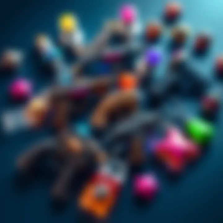 Gaming Charms and Sprays A colorful display of various weapon charms and sprays from video games, showcasing their designs and features.