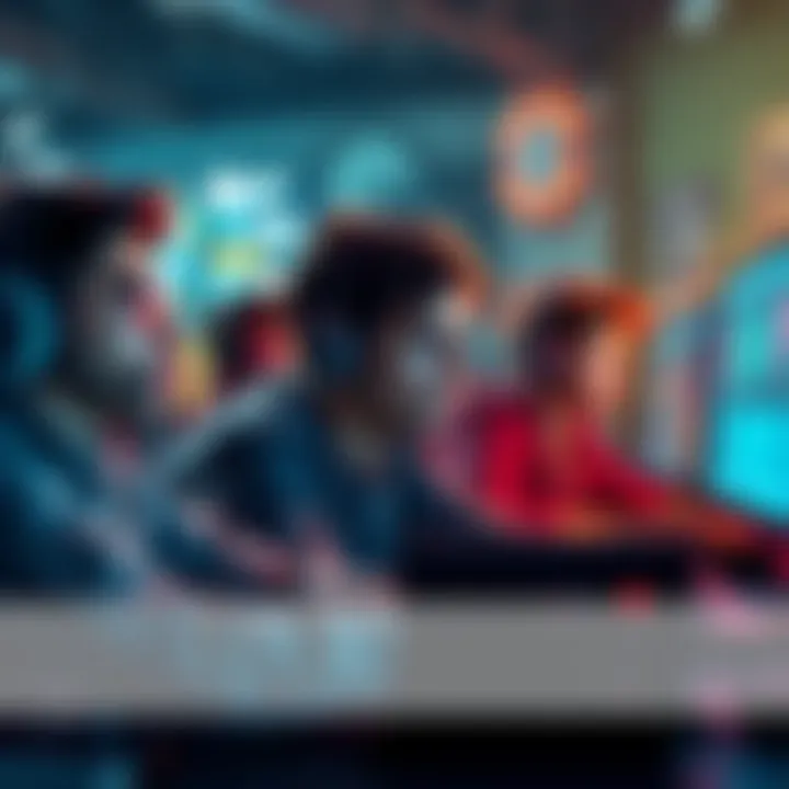 Gaming Cheating Scene A group of gamers looking frustrated at their screens while cheat software is visible on one of the screens