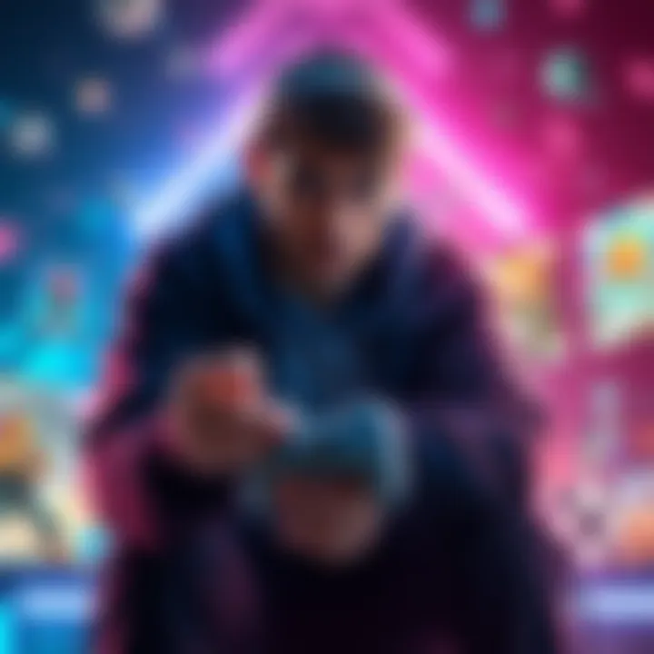 A gamer contemplating whether to play main missions or side quests, with a game controller in hand and game icons displayed.