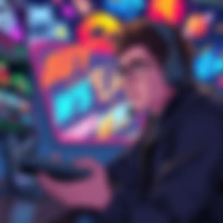 A gamer contemplating various choices during gameplay with a console in hand and vibrant game graphics in the background.