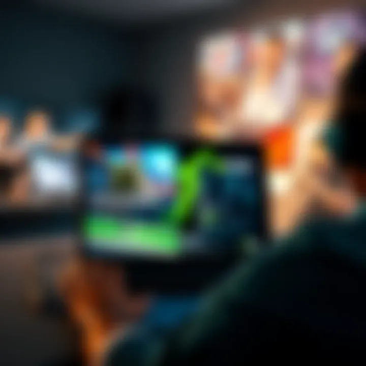 A person using NVIDIA GeForce NOW on a laptop with a gaming headset, showing a split-screen of high-end games on the left and a gaming PC on the right.