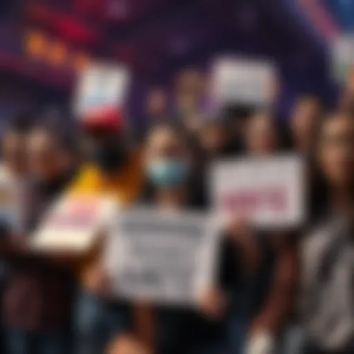 A group of diverse gamers coming together, holding signs promoting inclusivity and respect in gaming.