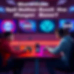 Two gamers debating at a table with controllers, showcasing Arc and Marathon game logos on screens behind them