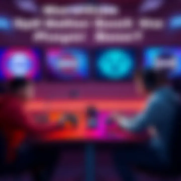 Two gamers debating at a table with controllers, showcasing Arc and Marathon game logos on screens behind them