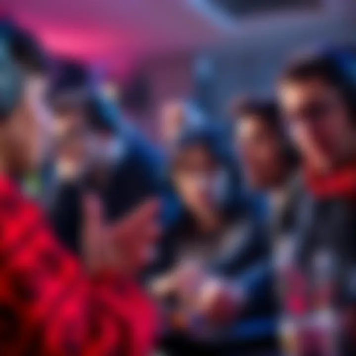 A group of players engaged in a heated conversation about community behavior in gaming, with expressions showing concern and frustration.