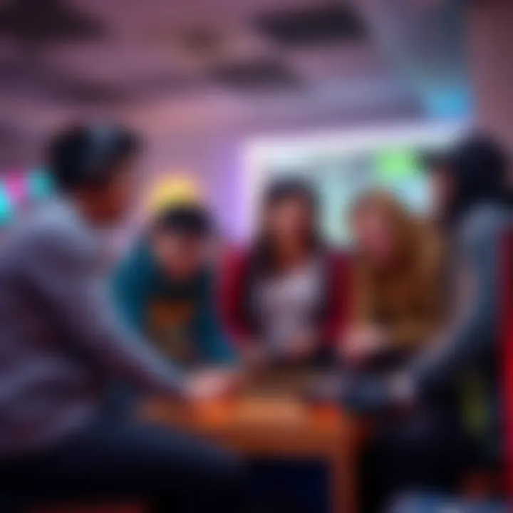 A group of gamers chatting and laughing over a gaming console while discussing Destiny lore