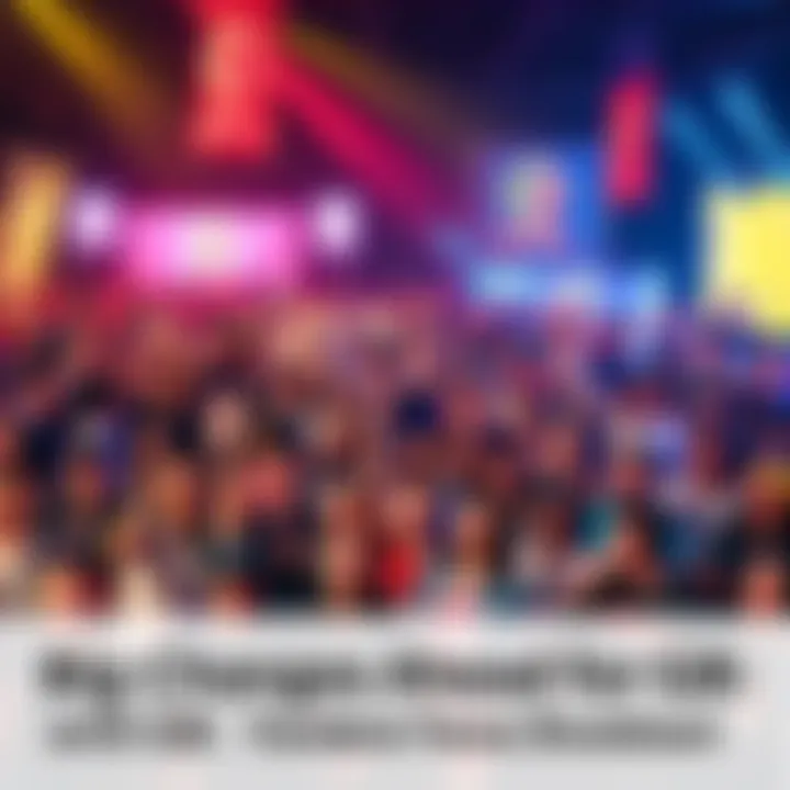 A large group of enthusiastic gamers celebrating at a gaming event, with banners and colorful displays around them.