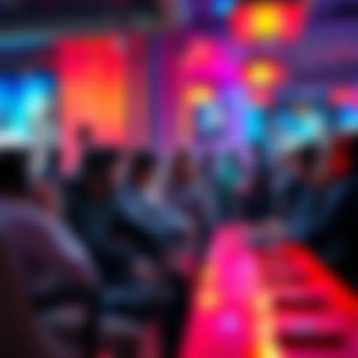 A group of gamers interacting at a community event, sharing experiences and strategies while seated in a vibrant gaming lounge.