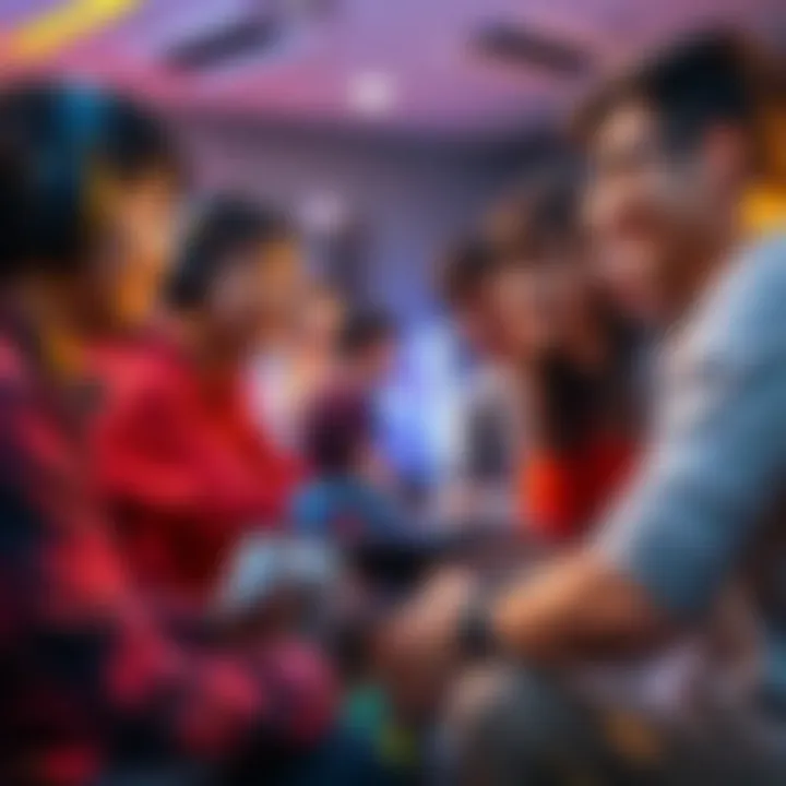 A group of gamers is seen interacting in a friendly environment, with consoles and controllers, emphasizing teamwork and positivity in gaming.