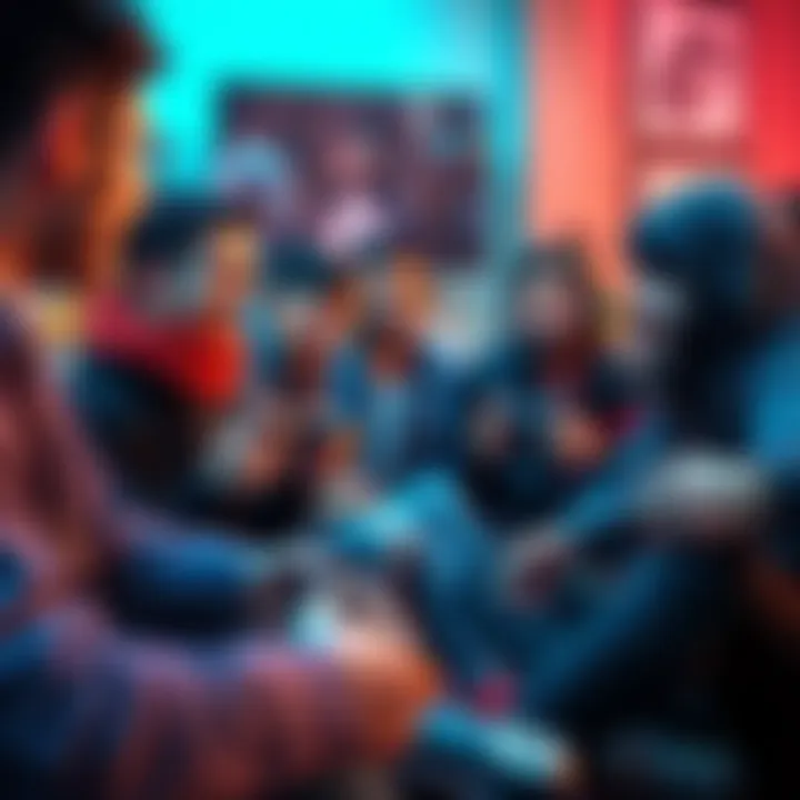 A diverse group of gamers sitting together with controllers, discussing how to deal with toxic behavior in online gaming.