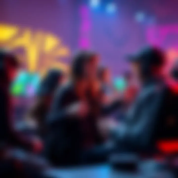 A group of gamers from different backgrounds playing together, featuring PVP and PVE elements on screen, showcasing teamwork and competition.