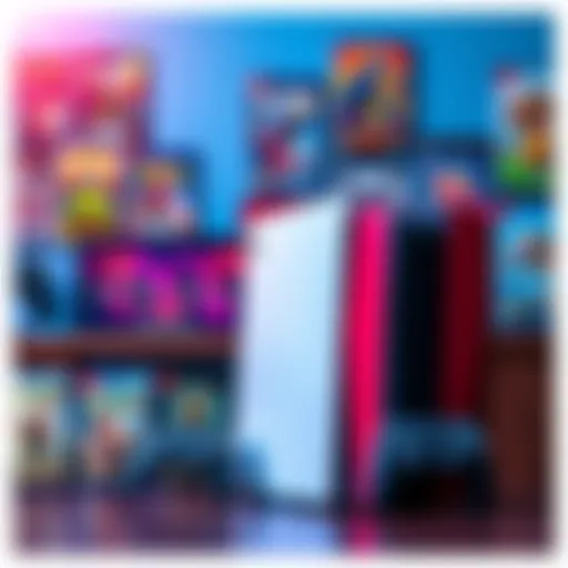 A collection of gaming consoles including Switch, PS5, and a gaming PC with popular game covers displayed around them.