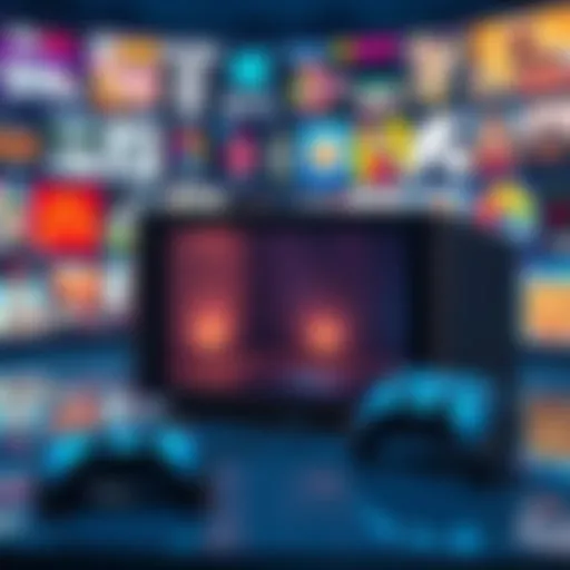 A modern gaming console displayed without a disc drive, surrounded by digital game icons, reflecting the shift to digital media.