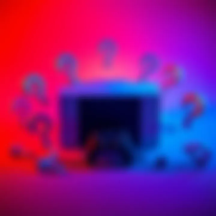 A gaming console surrounded by question marks, symbolizing doubt about future gaming choices.