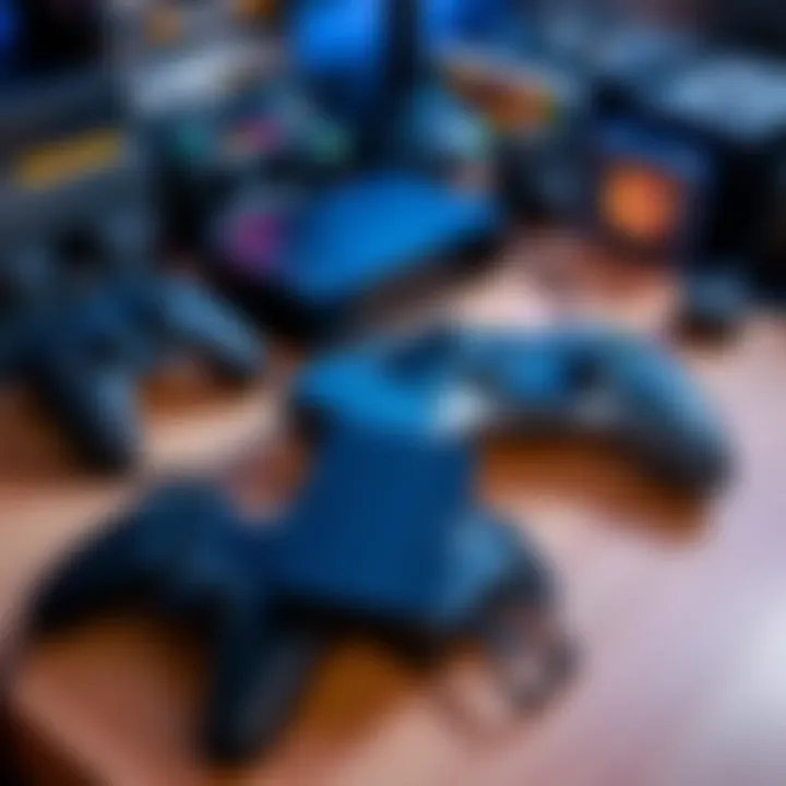 Gaming console and accessories setup A complete gaming setup featuring a console, two controllers, and a large external hard drive, all laid out on a table