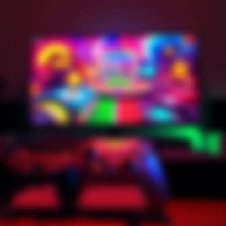 A high-end gaming console setup with a large screen displaying vibrant graphics and a controller in front, showcasing a smooth gaming experience.