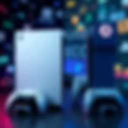 A split image showing a disc-based gaming console on one side and a disc-less console on the other side, with various game discs and digital game icons around them.