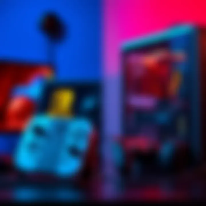 A split image showing a Nintendo Switch and a PC setup with gaming accessories, illustrating the comparison of gaming platforms.