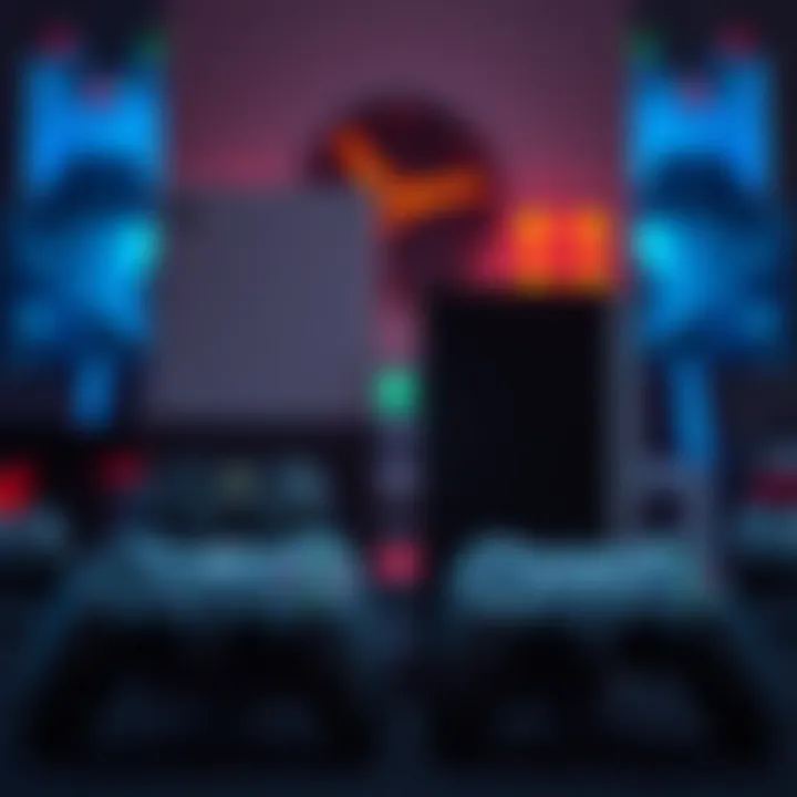 Gaming Consoles Display Two gaming consoles side by side, one Xbox and one PlayStation, with game controllers in front of them.