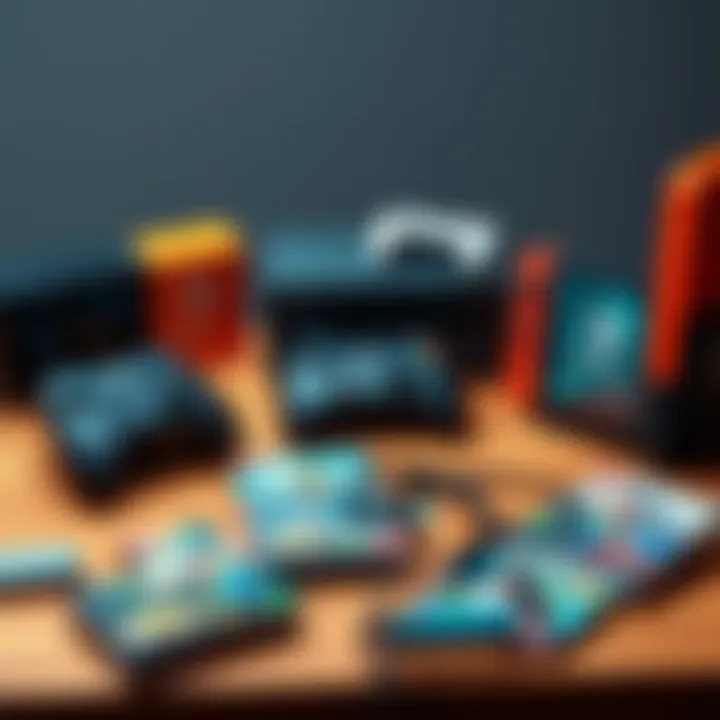 A variety of gaming consoles including DSi, Switch 2, and Xbox Series S arranged neatly on a table with game controllers and games scattered around.
