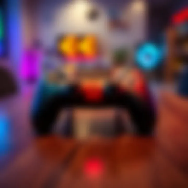 A close-up of a gaming controller with vibrant colors, resting on a wooden table, symbolizing the search for controllers without drift issues.