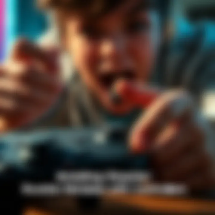 A gamer accidentally drops a gaming controller, showing a close-up of the controller's buttons and the person's shocked expression.